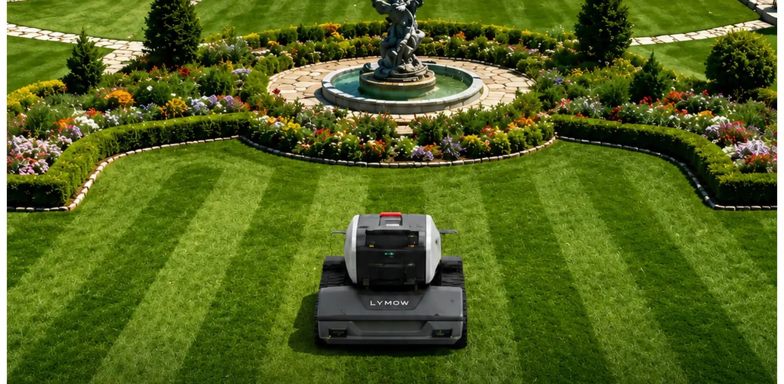 Lymow One Plus mowing a large landscaped residential lawn