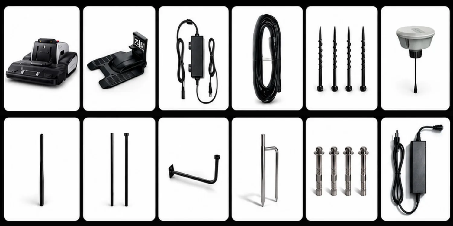 Lymow One Plus mower, charging station, power equipment, mounting hardware, and RTK equipment
