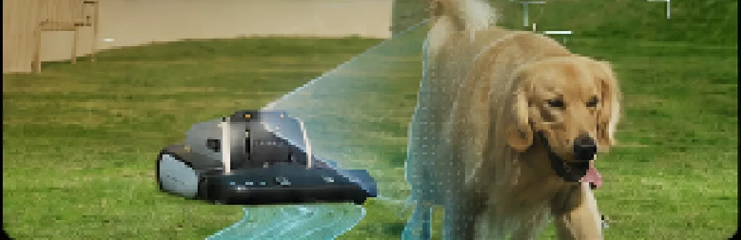 Lymow One Plus sensing and routing around a dog on the lawn