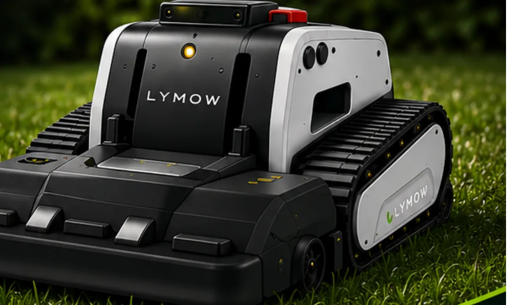 Front three-quarter view of the Lymow One Plus mower and rubber tracks