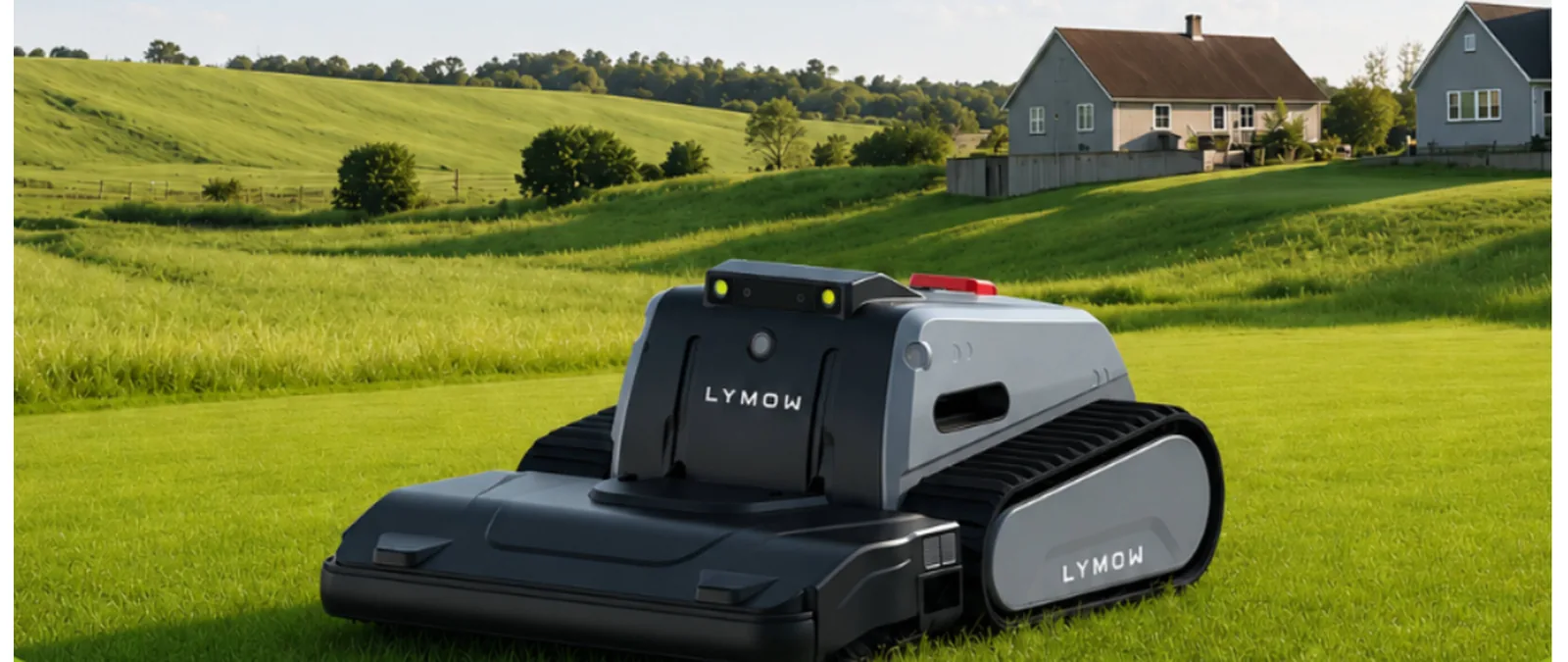 Lymow One Plus tracked autonomous mower on a rolling residential lawn