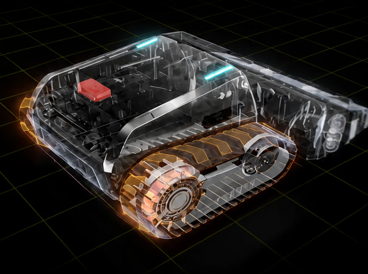 Cutaway illustration of the Lymow One Plus tracked drive system