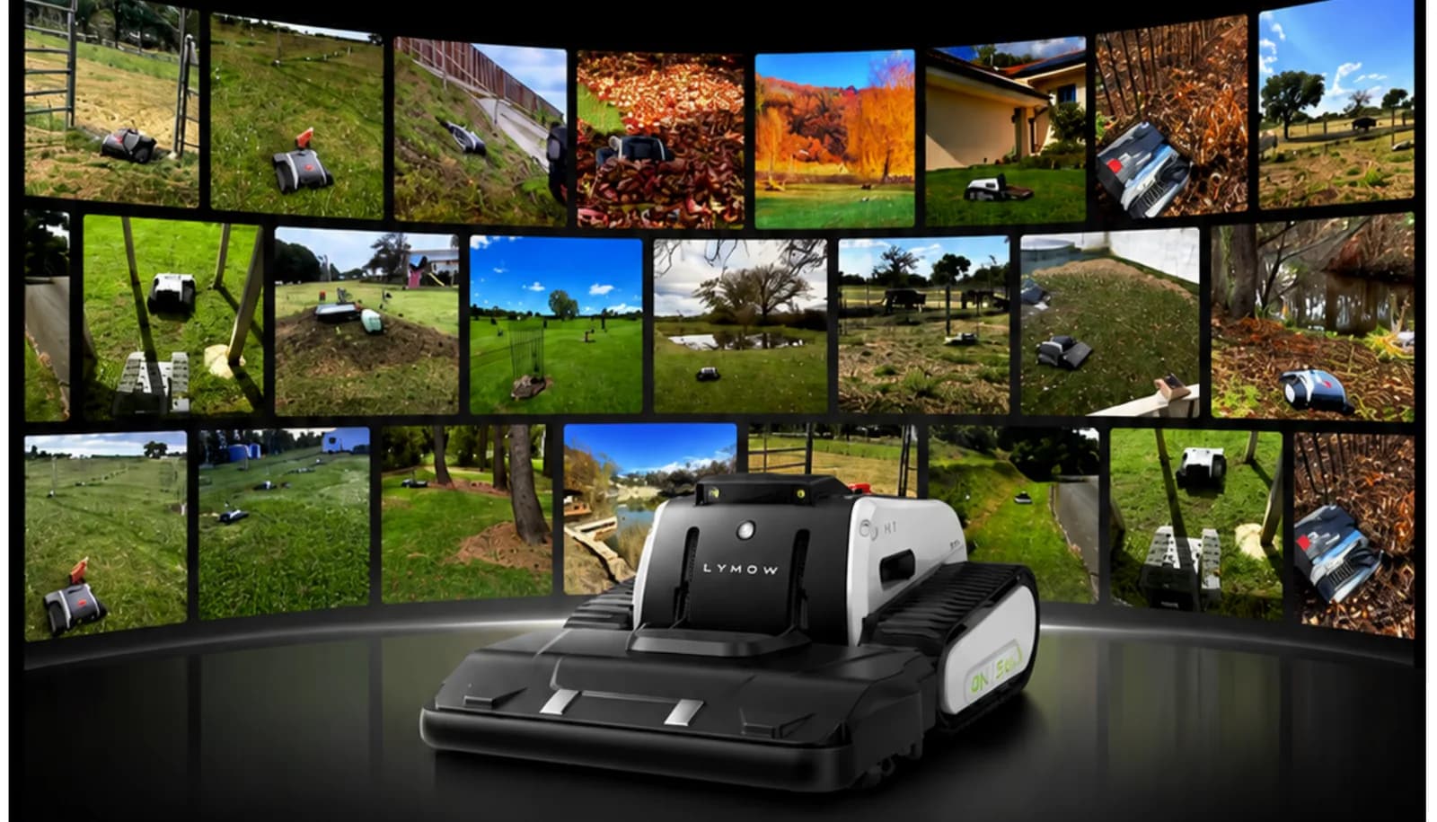 Lymow One Plus shown across varied residential lawn and terrain conditions