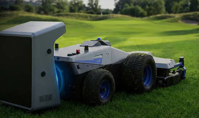 Pandag G1 positioned beside an inductive charging station on a large lawn