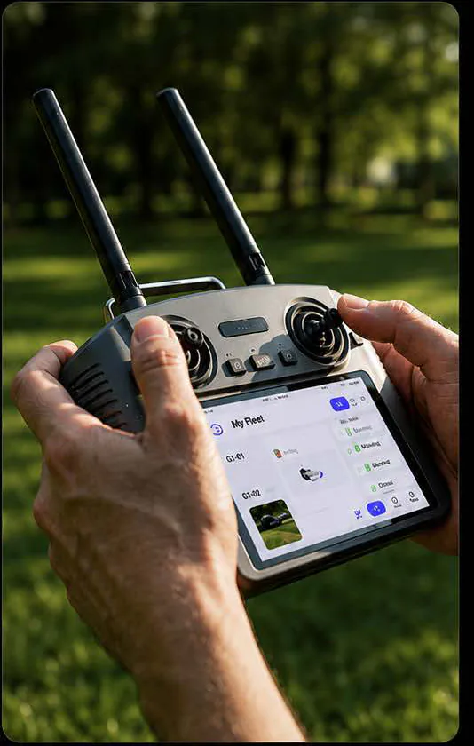 Handheld Pandag controller displaying mapped machine and fleet controls