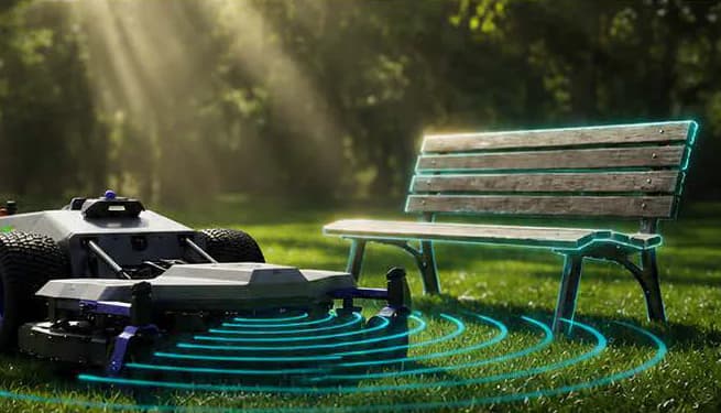 Pandag G1 detecting a park bench while mowing a maintained commercial lawn