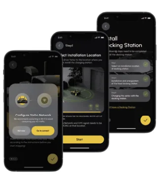 Yarbo mobile app screens for setup and control.