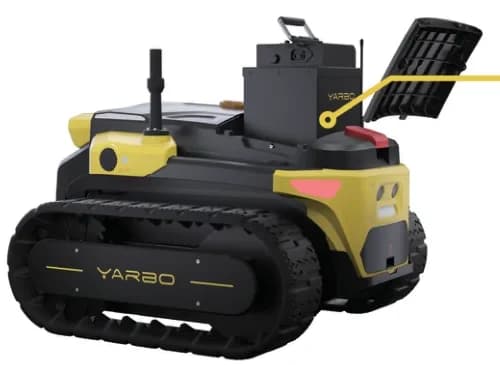 Yarbo Core with its battery compartment open.