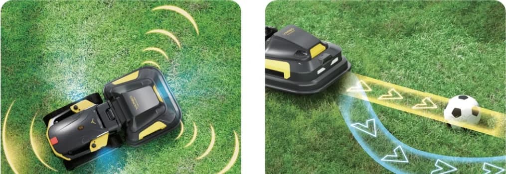 Yarbo obstacle detection illustrations showing sensor coverage and object avoidance.