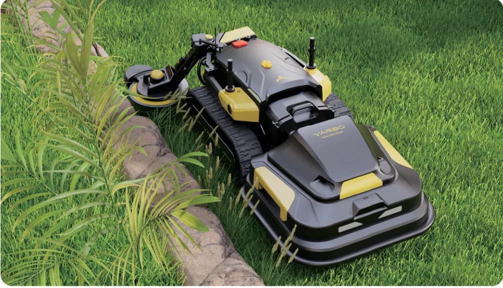 Yarbo Trimmer Package trimming along a planted border.
